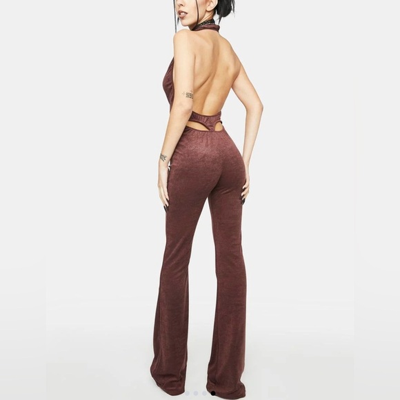 Dolls Kill Edikted Terri Open Back Brown Jumpsuit Size Small - Picture 3 of 12